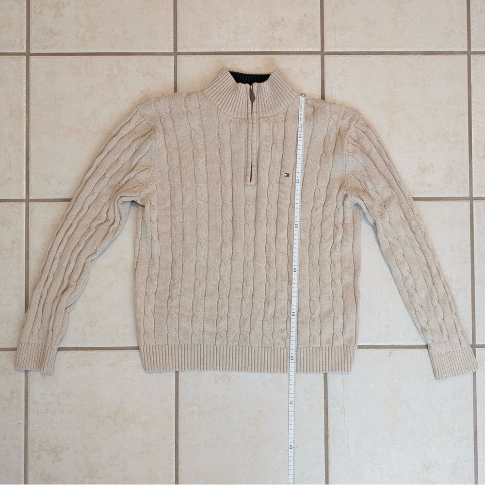 Size L Tommy Hilfiger 100% Cotton Y2K Vintage Cream Chunky Knit Quarter Zip - Picture 10 of 15